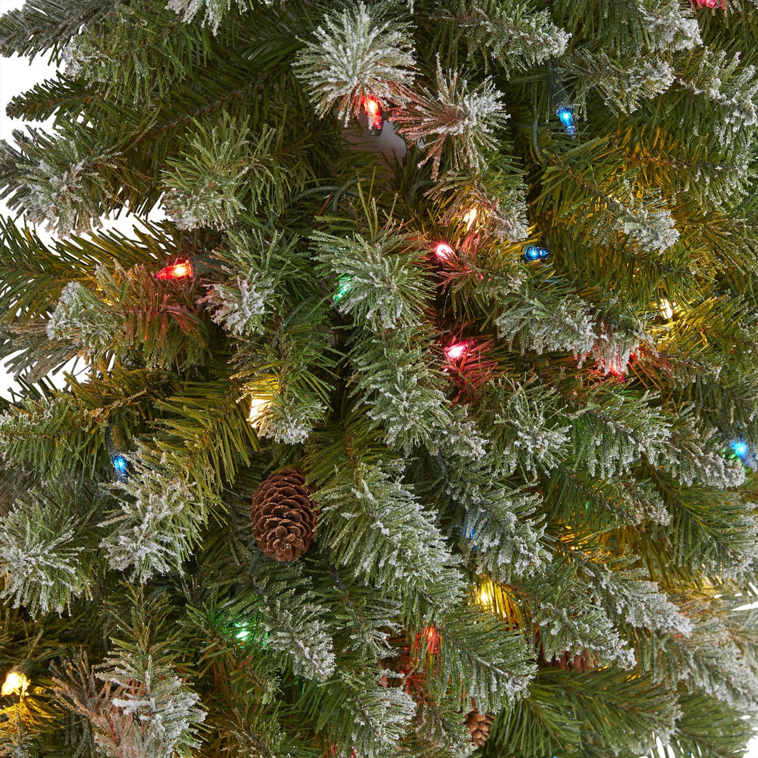 Flocked Xmas Tree with Lights & Pine Cones